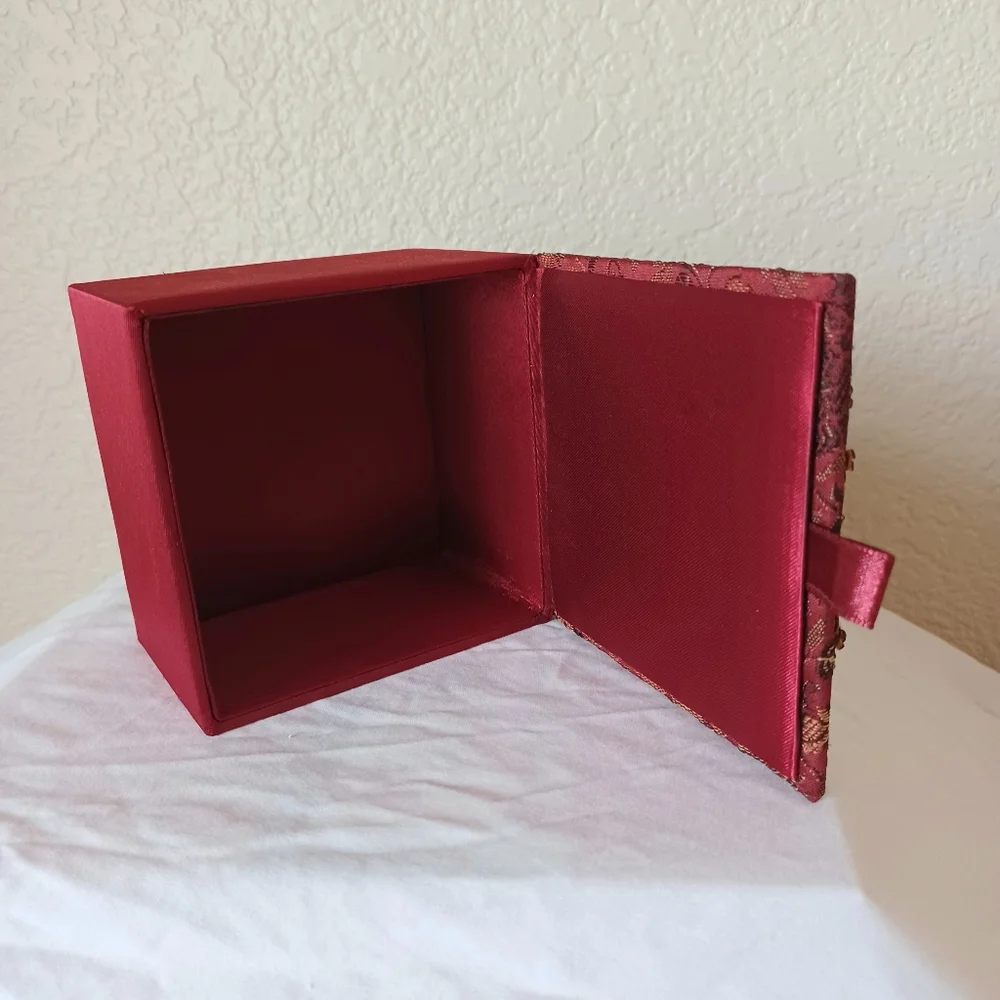 Red Burgundy Embellished Satin-Like Jewelry Keepsake Trinket Box, 4x4 square